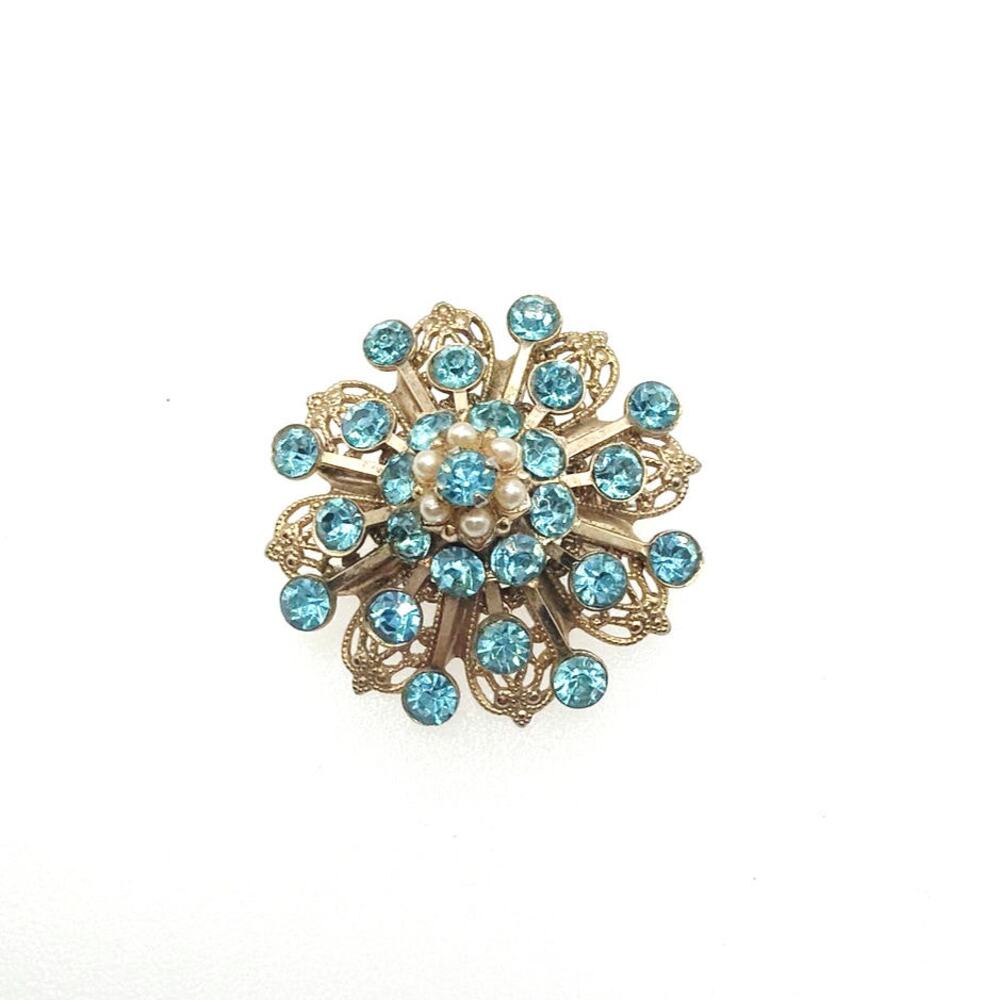 Vintage Filigree Blue Rhinestones Flower Brooch 1”